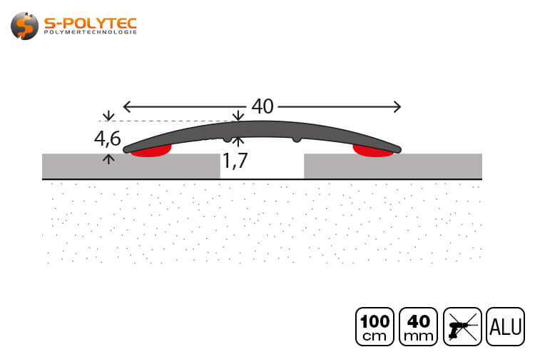 Die eloxierten Aluminium-Übergangsprofile mit Selbstklebung sind 40mm breit mit einer Profilhöhe von 4,6mm