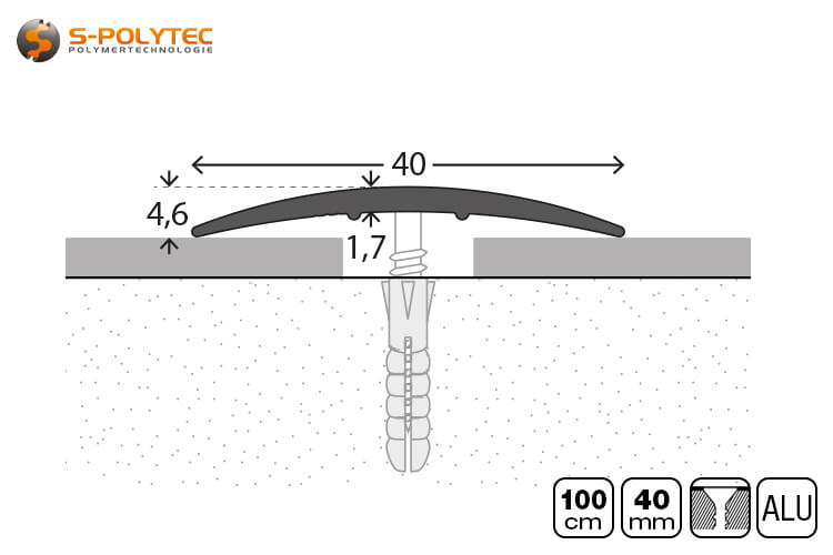 Die eloxierten Aluminium-Übergangsprofile zum Schrauben mit einer Profilhöhe von 4,6mm sind 40mm breit 